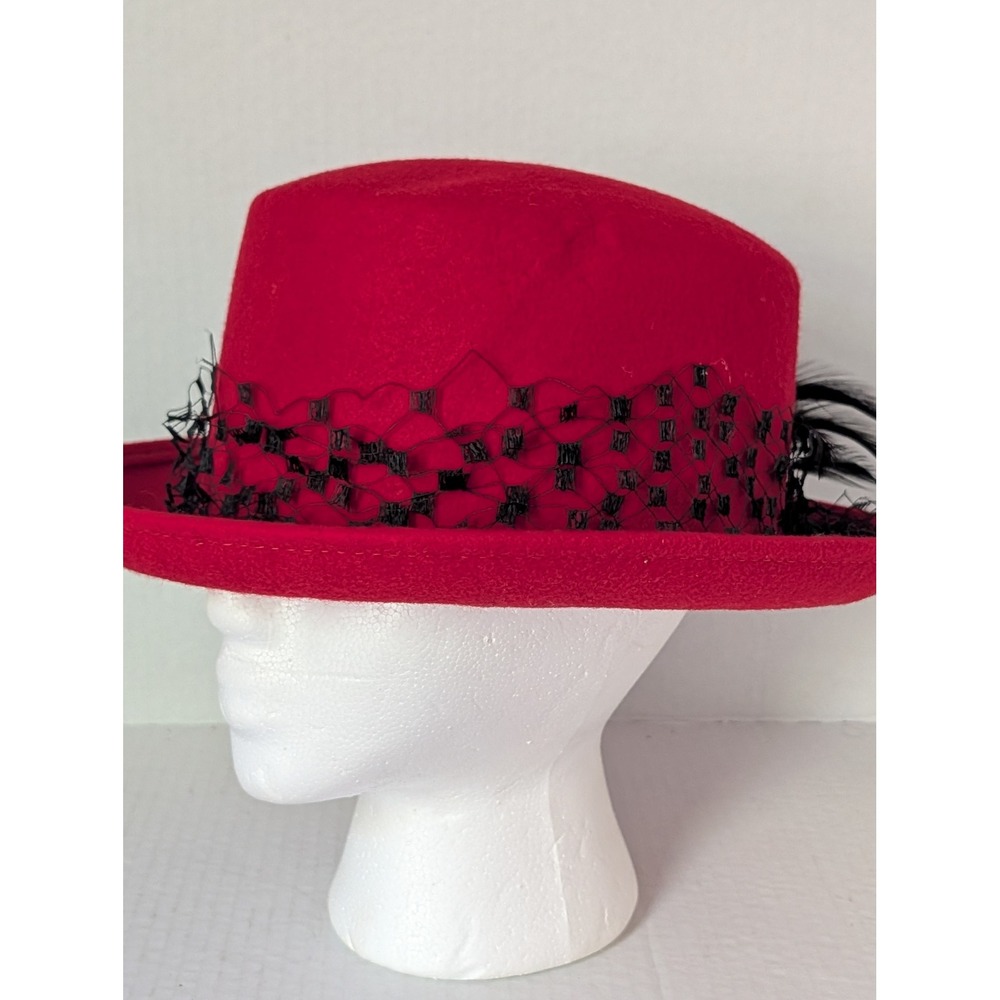Vintage Lancaster Red 100% Wool Felt Fedora Hat Black Lace Feather Trim USA